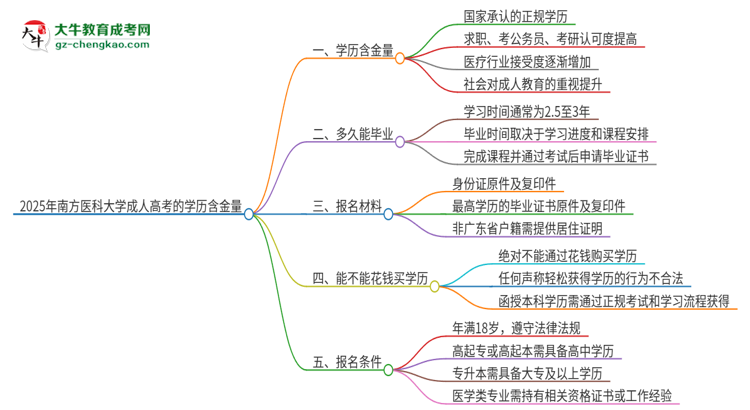 2025年南方醫(yī)科大學成人高考的學歷含金量怎么樣？思維導圖