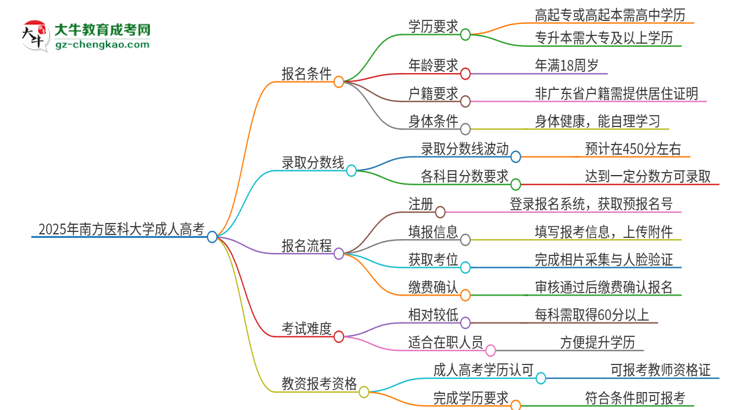 2025年南方醫(yī)科大學(xué)成人高考能考教資嗎？思維導(dǎo)圖