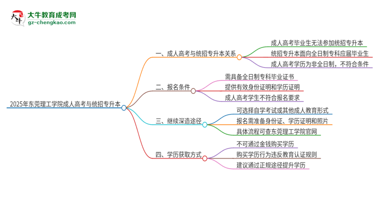 2025年東莞理工學(xué)院考完成人高考還能參加統(tǒng)招專升本嗎？思維導(dǎo)圖