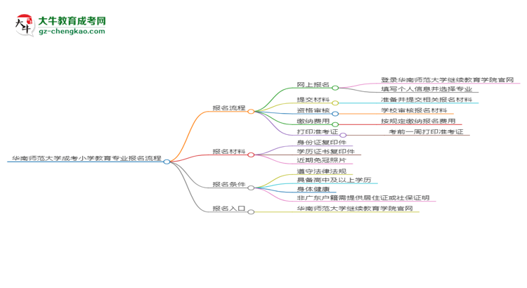 華南師范大學成考小學教育專業(yè)2025年報名流程思維導圖