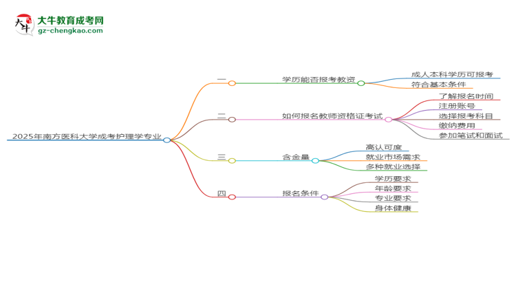 2025年南方醫(yī)科大學(xué)成考護(hù)理學(xué)專業(yè)學(xué)歷能報(bào)考教資嗎？思維導(dǎo)圖