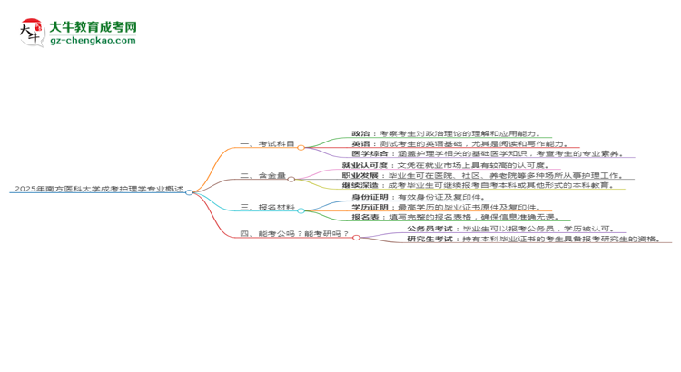2025年南方醫(yī)科大學(xué)成考護理學(xué)專業(yè)入學(xué)考試科目有哪些？思維導(dǎo)圖