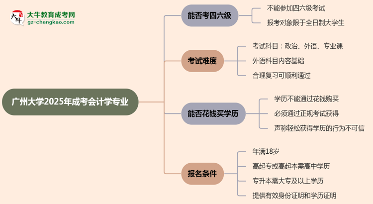 廣州大學(xué)2025年成考會計學(xué)專業(yè)生可不可以考四六級？思維導(dǎo)圖