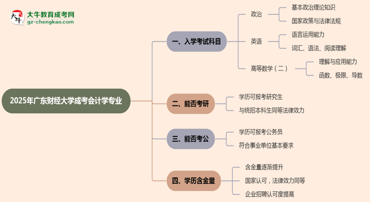 2025年廣東財經(jīng)大學成考會計學專業(yè)入學考試科目有哪些？思維導圖