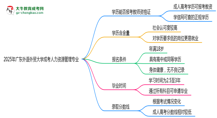 2025年廣東外語外貿(mào)大學(xué)成考人力資源管理專業(yè)學(xué)歷能報(bào)考教資嗎？思維導(dǎo)圖