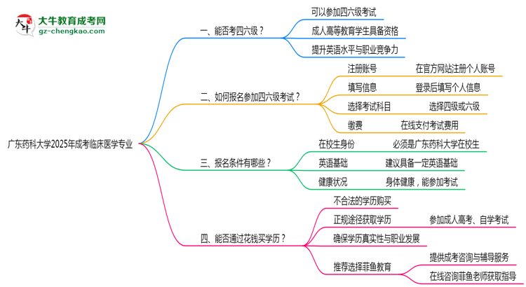 廣東藥科大學(xué)2025年成考臨床醫(yī)學(xué)專業(yè)生可不可以考四六級(jí)？思維導(dǎo)圖