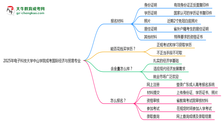 2025年電子科技大學(xué)中山學(xué)院成考國(guó)際經(jīng)濟(jì)與貿(mào)易專業(yè)報(bào)名材料需要什么？思維導(dǎo)圖