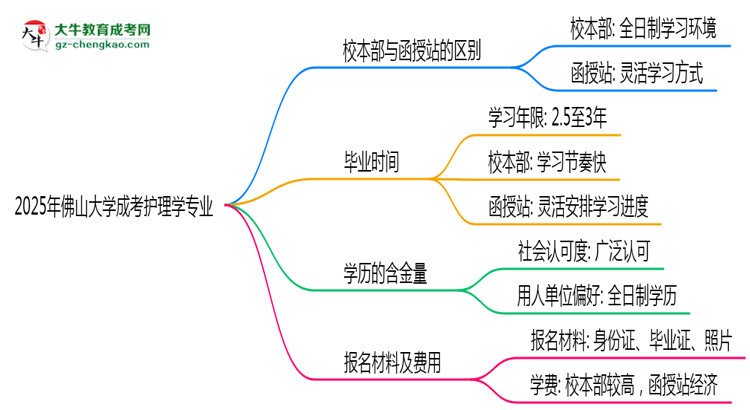 佛山大學2025年成考護理學專業(yè)校本部和函授站哪個更好？思維導(dǎo)圖