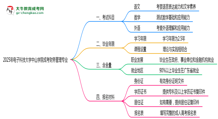 2025年電子科技大學(xué)中山學(xué)院成考財(cái)務(wù)管理專業(yè)入學(xué)考試科目有哪些？思維導(dǎo)圖