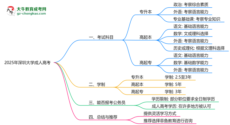 2025年深圳大學(xué)成人高考入學(xué)考試科目有哪些？思維導(dǎo)圖