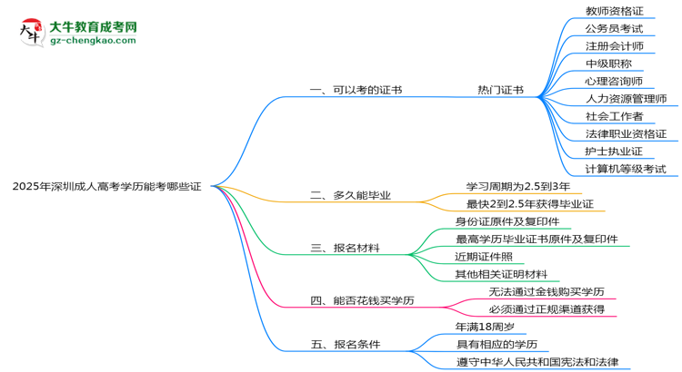 2025年深圳成人高考學(xué)歷能考哪些證？十大熱門證書盤點思維導(dǎo)圖