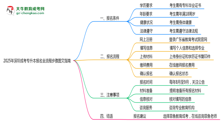 2025年深圳成考專(zhuān)升本報(bào)名全流程步驟圖文指南思維導(dǎo)圖